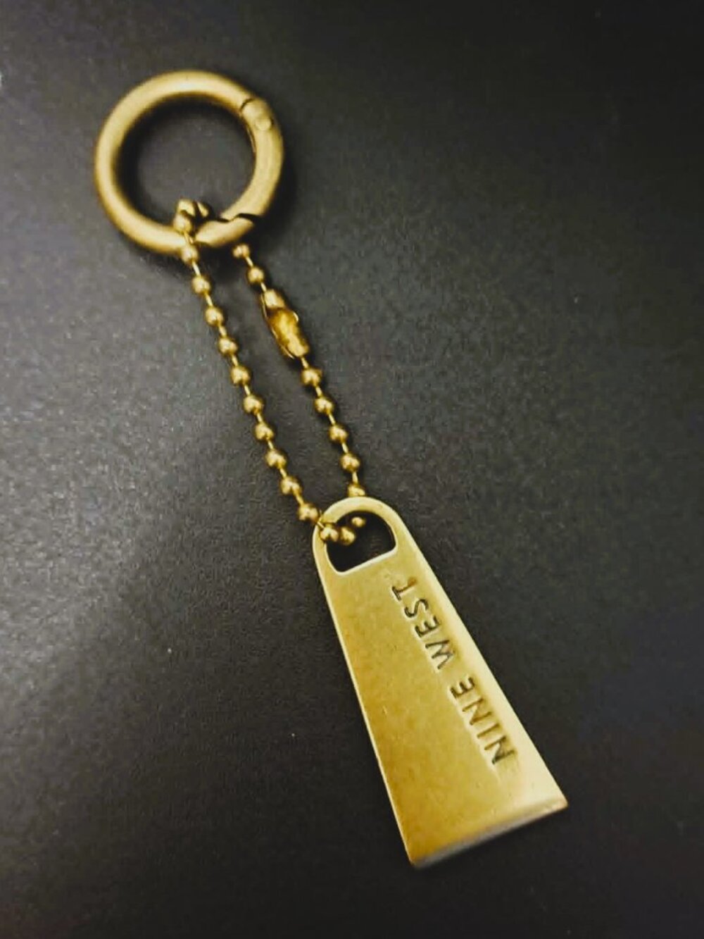 Vintage Nine West Golden Brass Keychain Thick Metal Logo Tag Bag Charm Fob